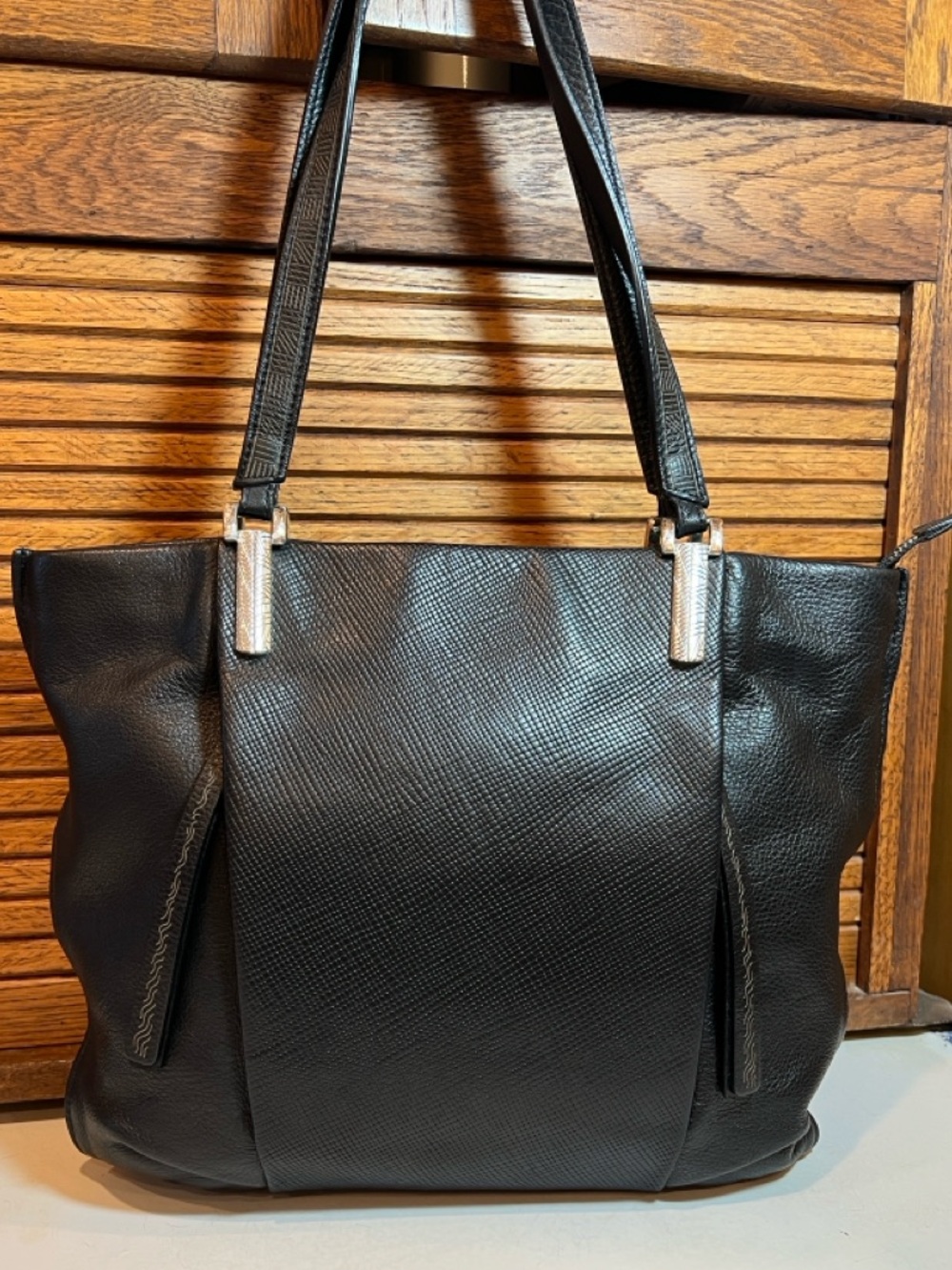 Brighton black pebble leather with cross grain front panel shoulder bag